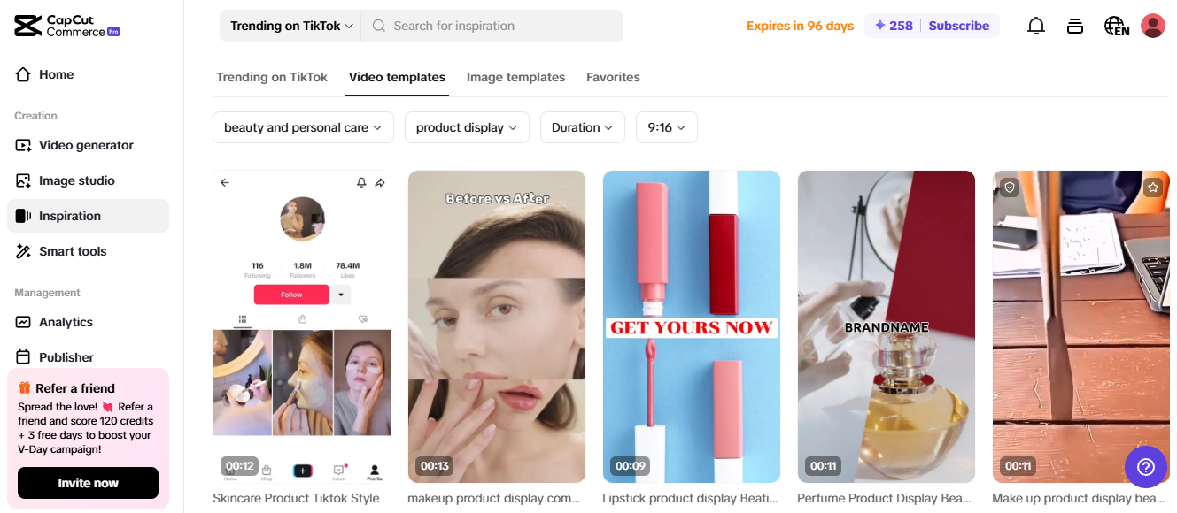 Pippit interface displaying beauty and personal care video templates for creating high-paying side gigs.